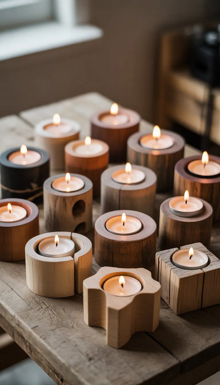 A collection of upcycled wood candle holders with candles on a wooden table, lit by soft natural light.