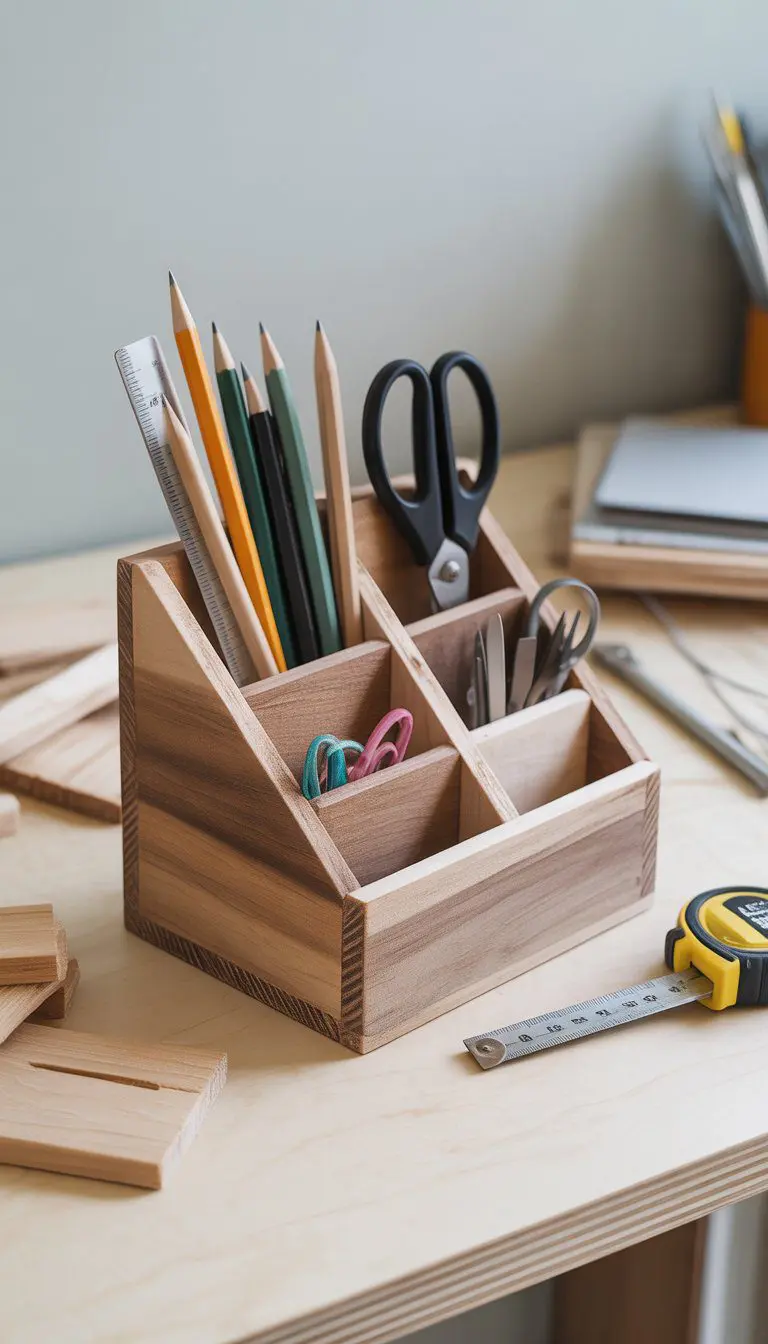 A wooden desk organizer with compartments holding pens and scissors on a desk, surrounded by scrap wood pieces and woodworking tools.