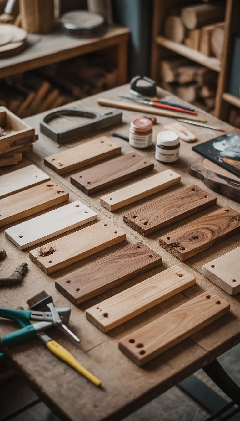 A collection of decorative wooden signs made from scrap wood displayed on a table with woodworking tools in a workshop.
