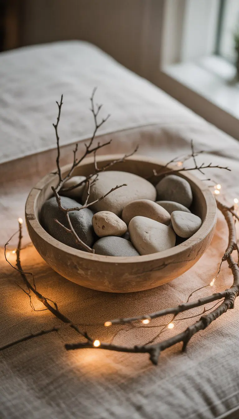 A bowl filled with smooth stones and branches placed on a textured surface.