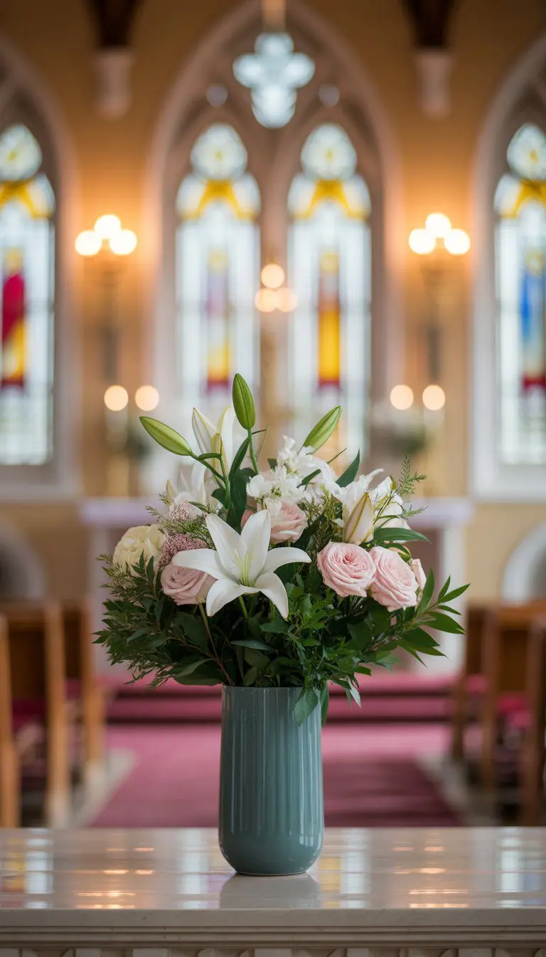 A single vase with fresh flowers on a table in a church foyer.