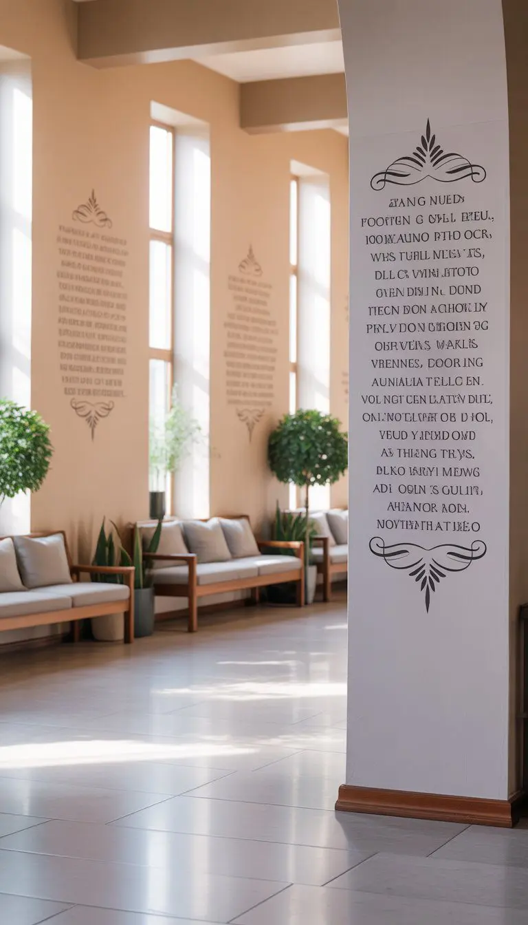 A church foyer with vinyl wall decals on the walls, comfortable seating, plants, and natural light creating a peaceful and welcoming atmosphere.