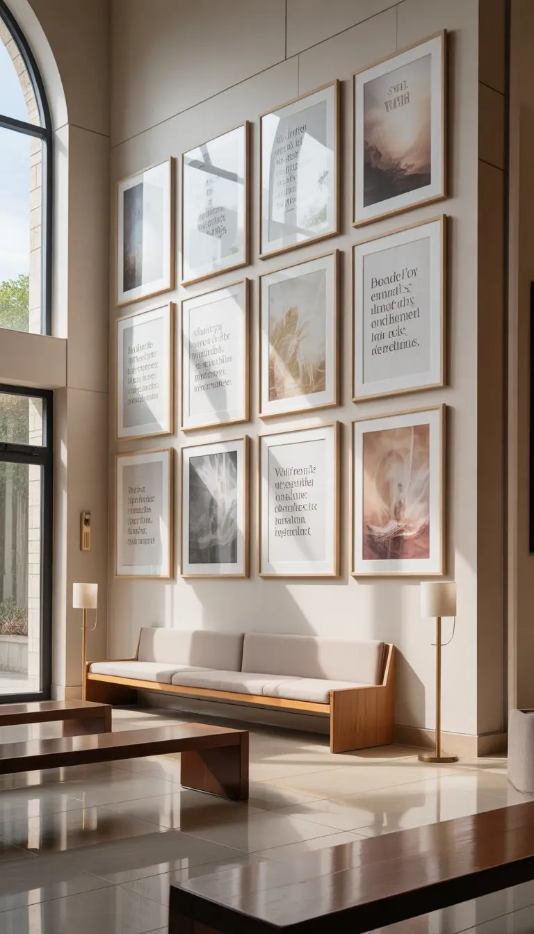 A church foyer with several framed scripture art prints hanging on a bright wall, surrounded by seating and natural light.