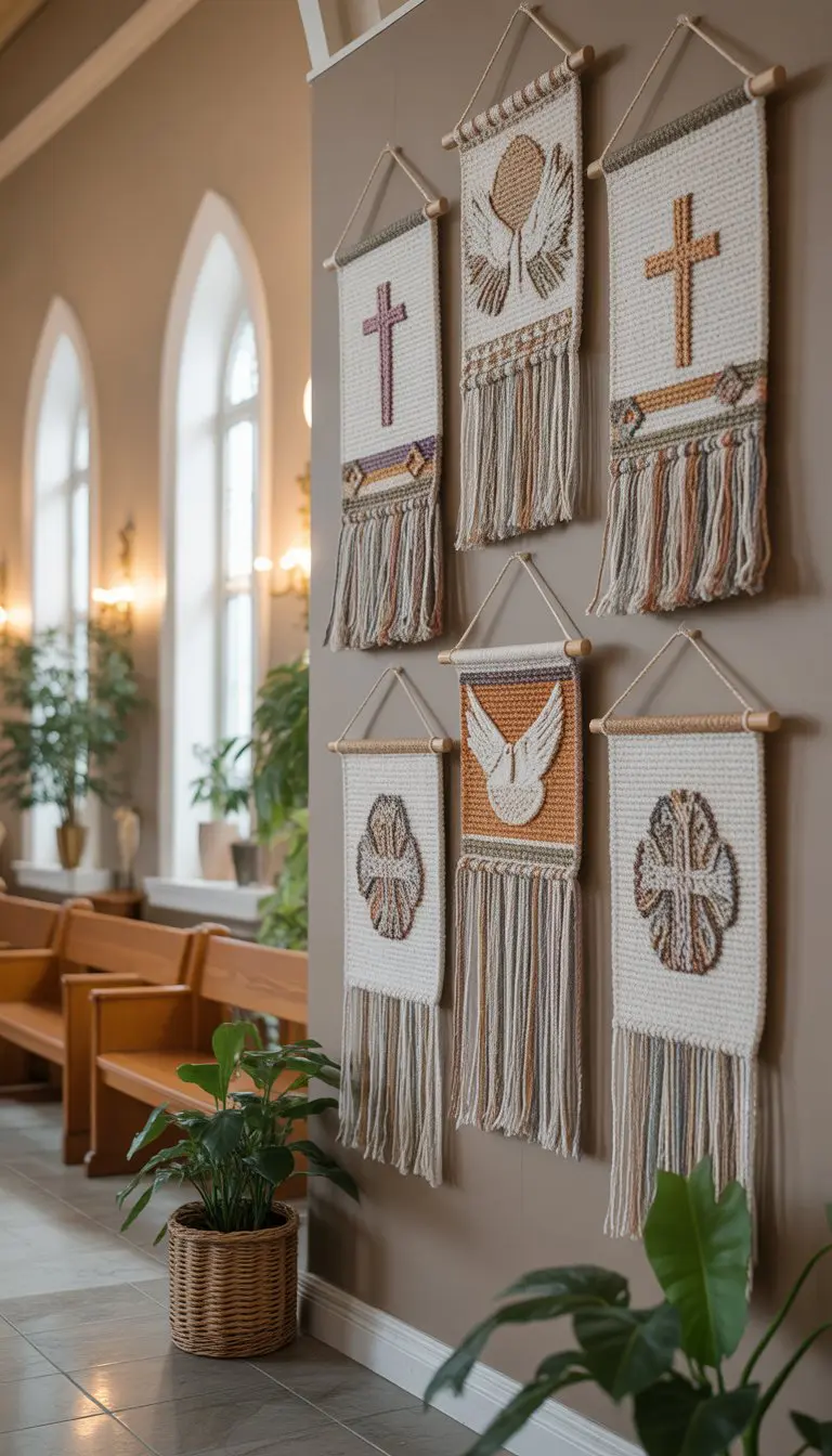 Woven wall hangings with faith symbols displayed on a church foyer wall with wooden benches and plants nearby.