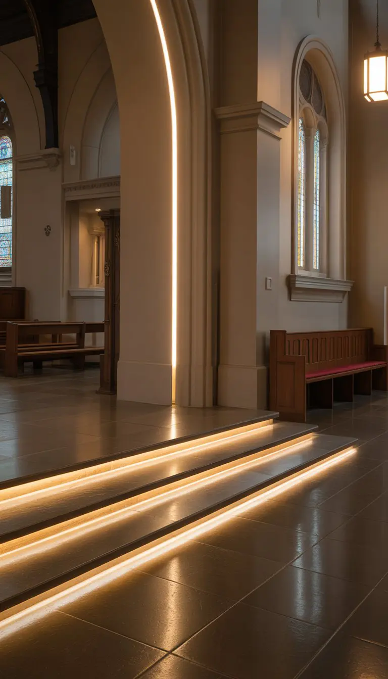 A church foyer with subtle LED lighting strips softly illuminating the architectural details and creating a warm, peaceful atmosphere.