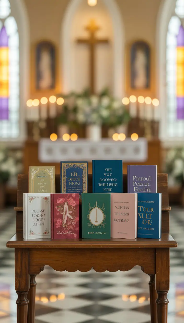 A small display of devotional books arranged on a wooden table in a church foyer with floral decorations and soft natural light.