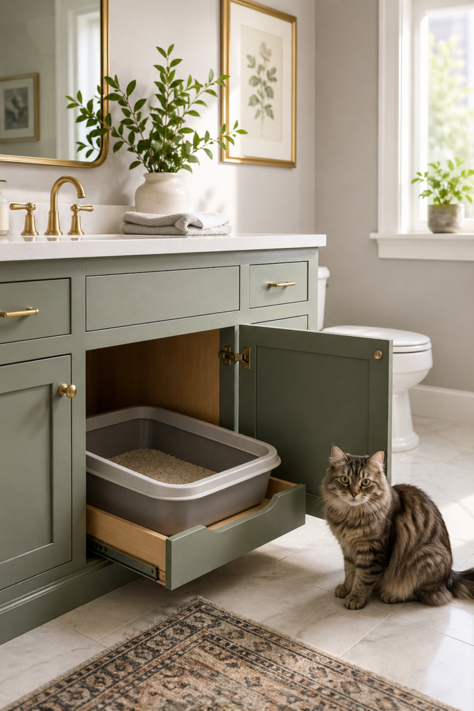 A modern bathroom vanity with a pull-out tray under the sink revealing a hidden litter box inside.