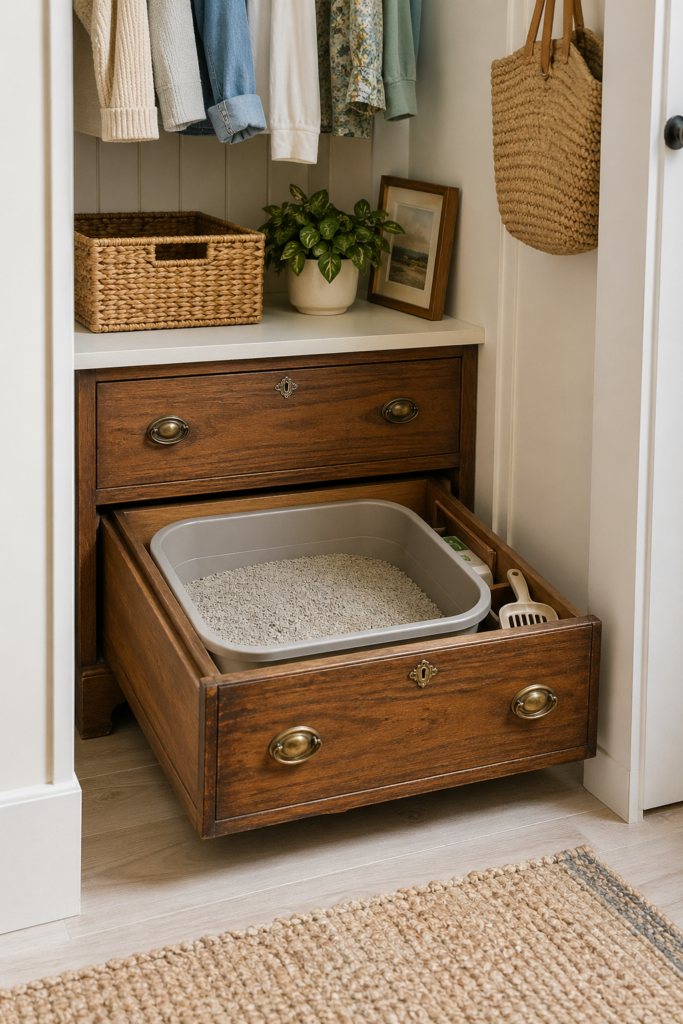A closet with an open wooden drawer repurposed as a hidden litter box, surrounded by organized shelves with clothes and storage items.