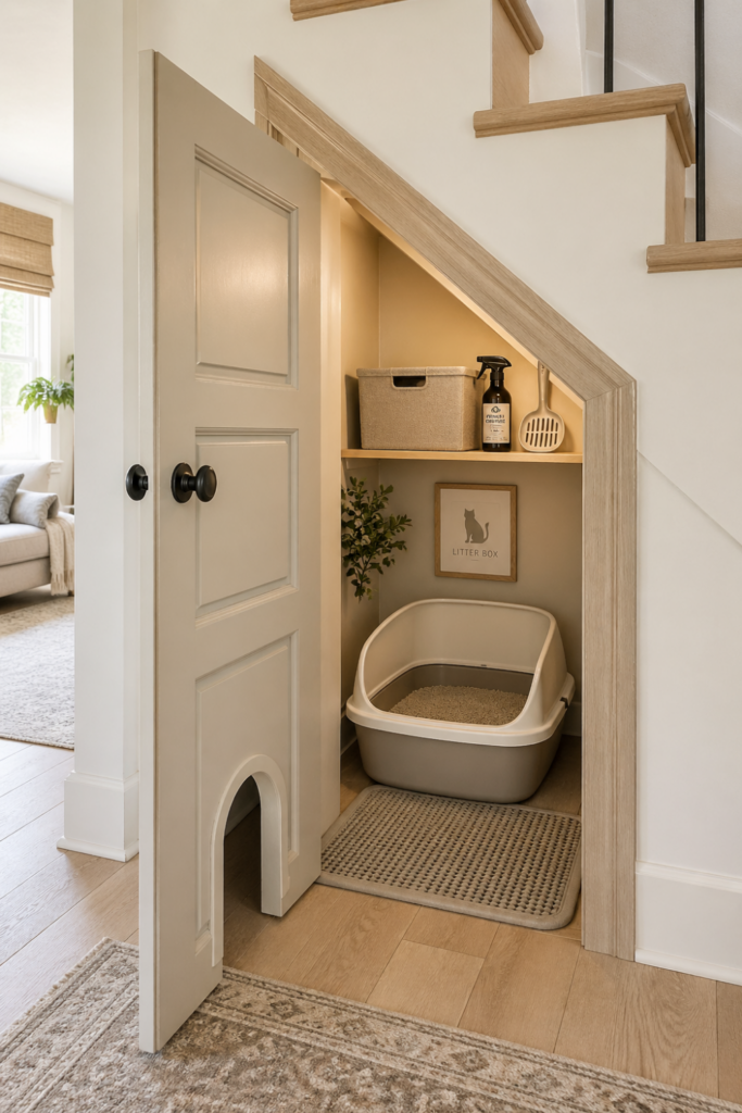 Under-stair closet with a cat flap in the door, showing a tidy litter box nook inside a bright living room.