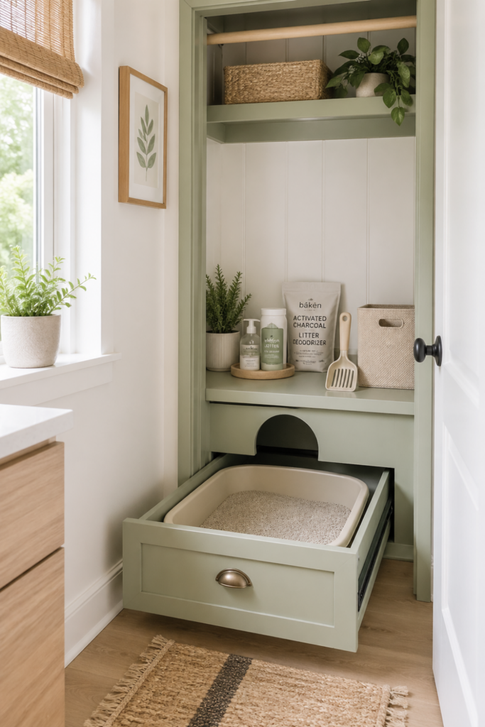 Closet interior with a built-in shallow shelf and a partially pulled-out slide-out litter tray for easy cleaning.