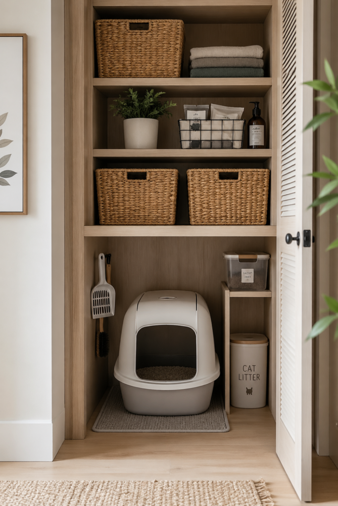 A clean closet cubby with an enclosed litter box neatly placed inside, surrounded by organized shelves and storage.