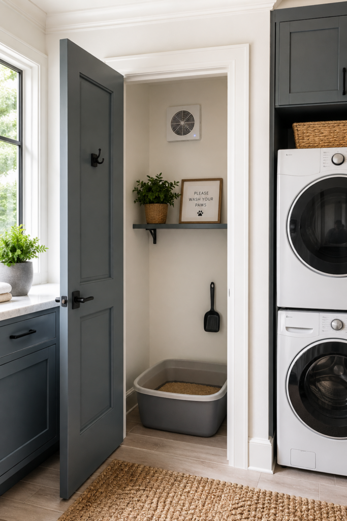 A laundry closet converted into a hidden litter room with a floor litter pan and vent fan installed on the wall.
