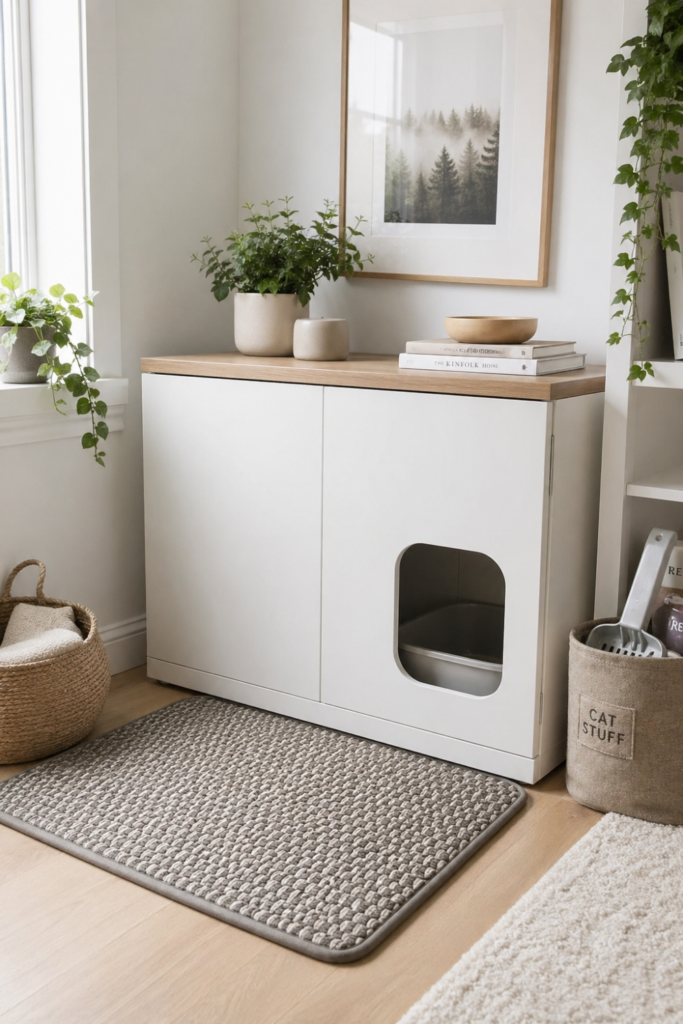 A small IKEA Besta unit with a cutout entry used as a hidden litter box inside a modern closet with organized shelves and wooden flooring.