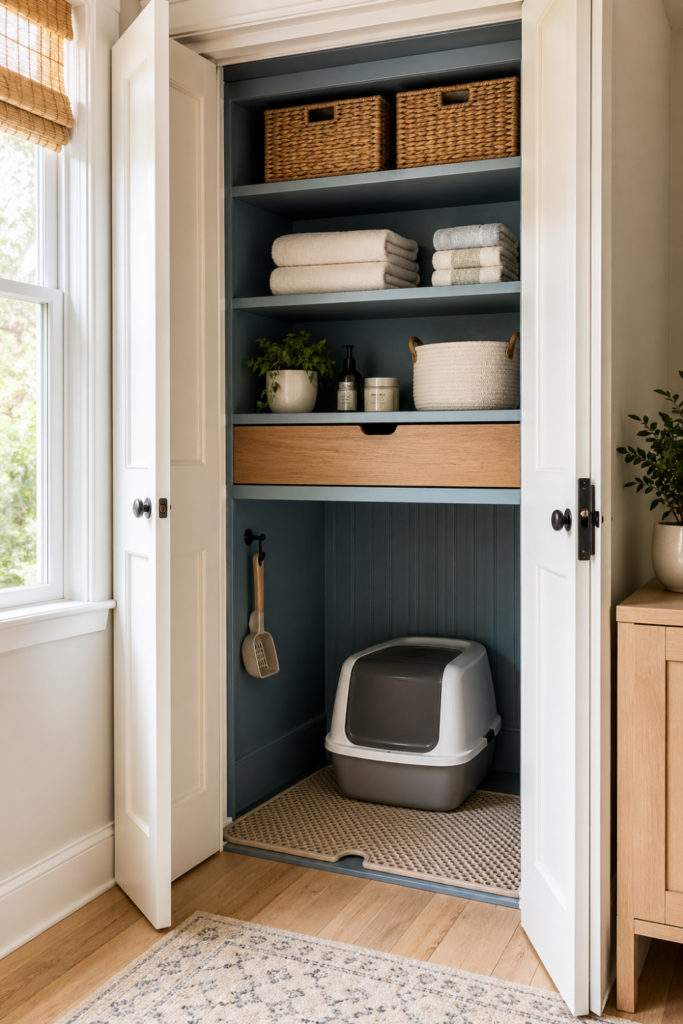 An open tall linen closet with organized shelves on top and a roomy cat litter area with a mat at the bottom.