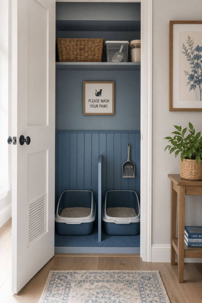 A small closet converted into a tidy multi-cat litter station with two separated litter boxes and shelves holding cat supplies.