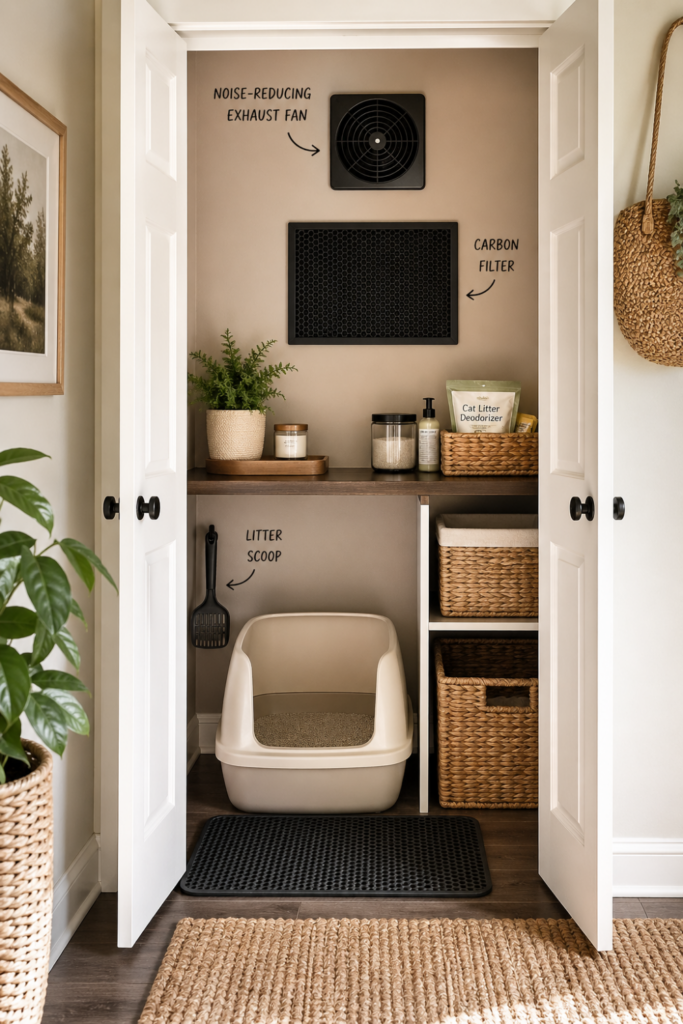 A closet with a hidden litter box area featuring a noise-reducing exhaust fan and carbon filter installed for odor control, along with organized pet supplies on shelves.