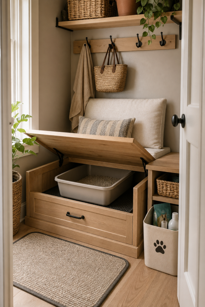 A closet with a built-in bench that has a removable top revealing a hidden litter box inside.