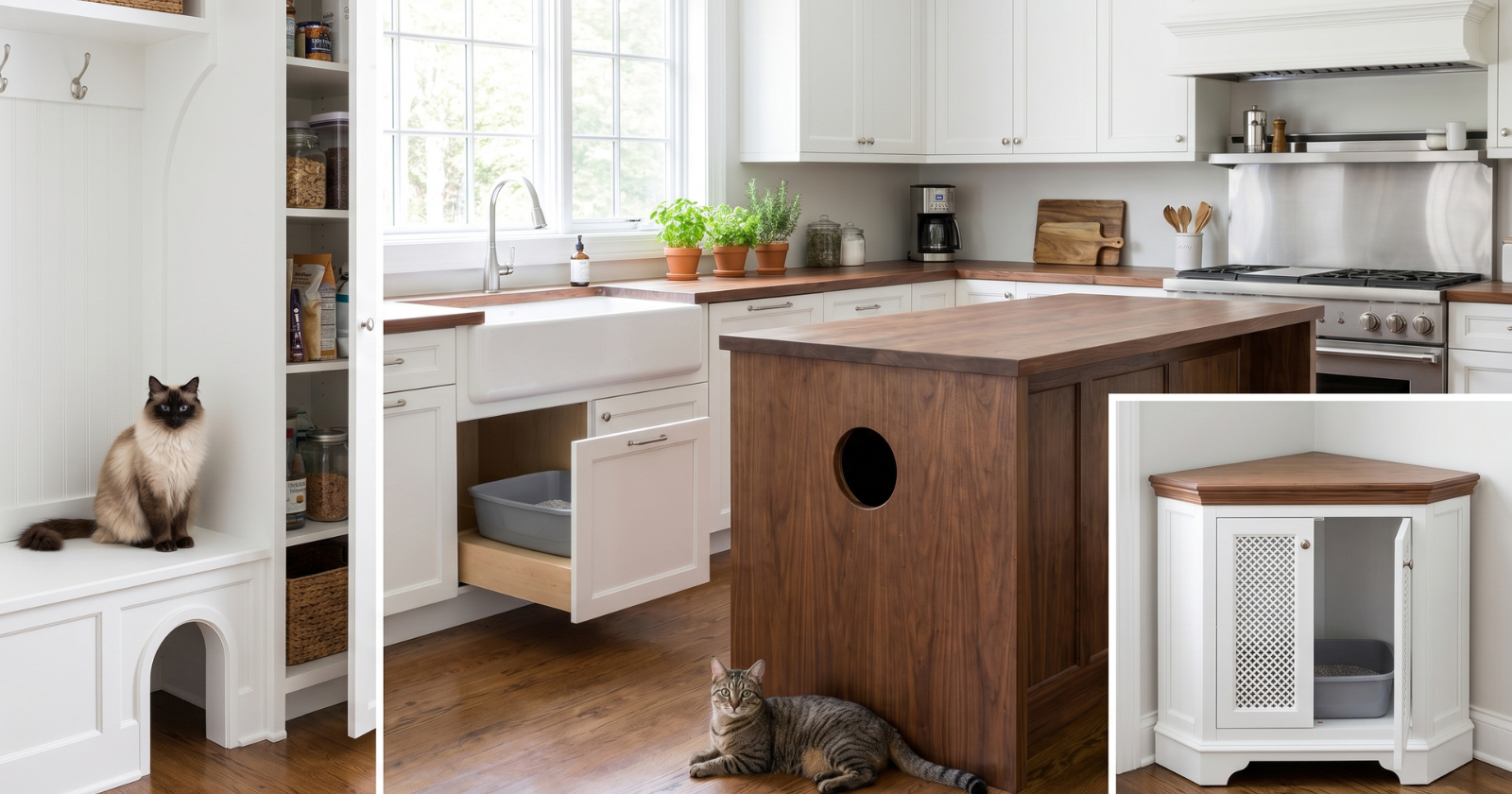 A bright, stylish modern kitchen showing multiple smart hidden cat litter box solutions blended into the space, including a kitchen island litter box cabinet, a pantry nook with cat-sized entry, an under-sink litter drawer, and a decorative cabinet enclosure, clean white and warm wood finishes, soft natural light, realistic home decor photography, tidy counters, subtle cat-friendly styling, one or two calm cats naturally in the scene, visually clean and efficient, magazine-style composition, practical and elegant, no clutter, no people, no watermark