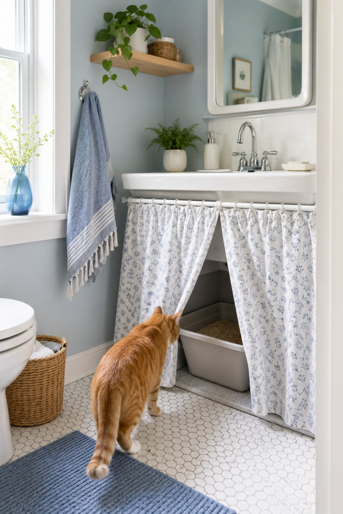 A bathroom corner with a sink covered by a fabric skirt and a hidden litter box nearby, showing a clean and organized space.