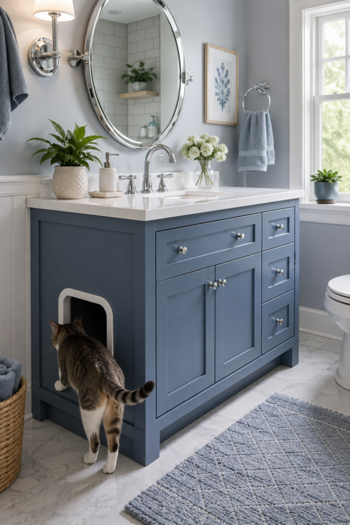 Bathroom vanity with a side-access cat door built into the cabinet, showing a clean and organized bathroom space.