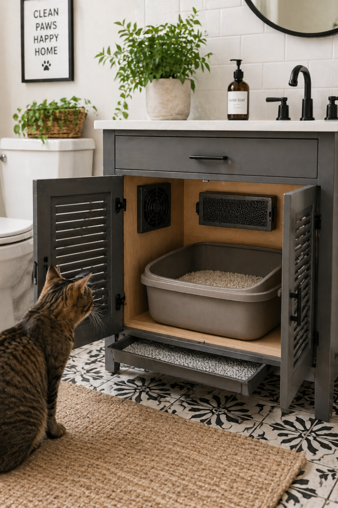 A bathroom showing a ventilated cabinet with a charcoal filter and an odor tray inside, designed to contain a litter box.