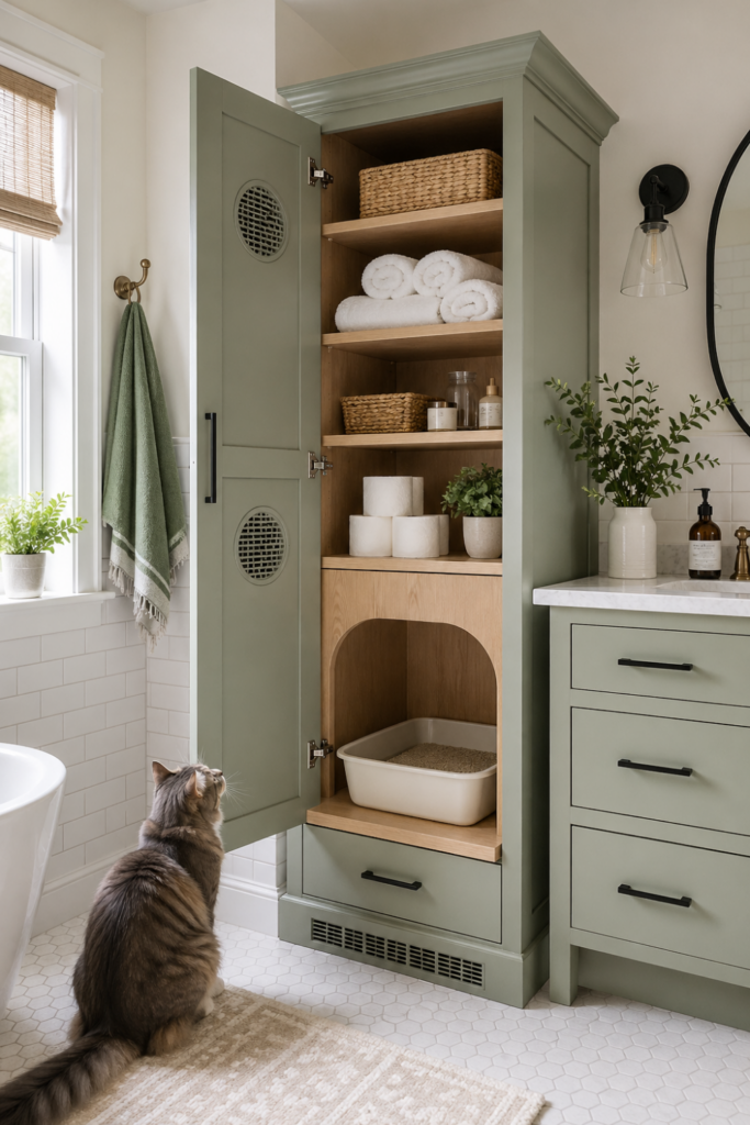 A tall wooden linen cabinet in a bathroom with an open shelf holding a litter box inside.