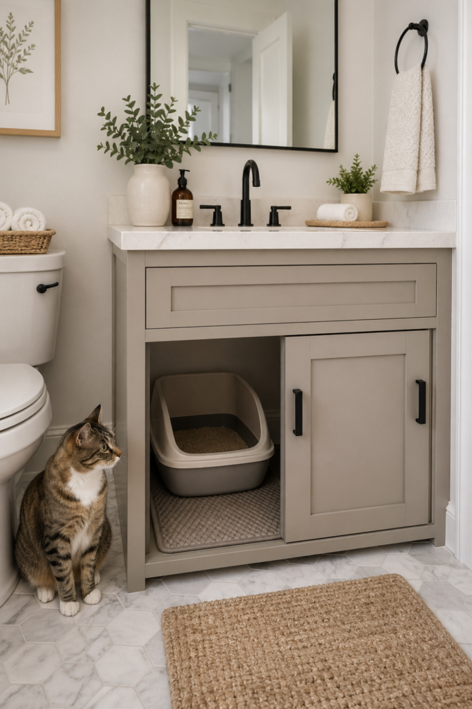 Bathroom with an under-sink enclosure containing a litter box on an easy-clean mat.