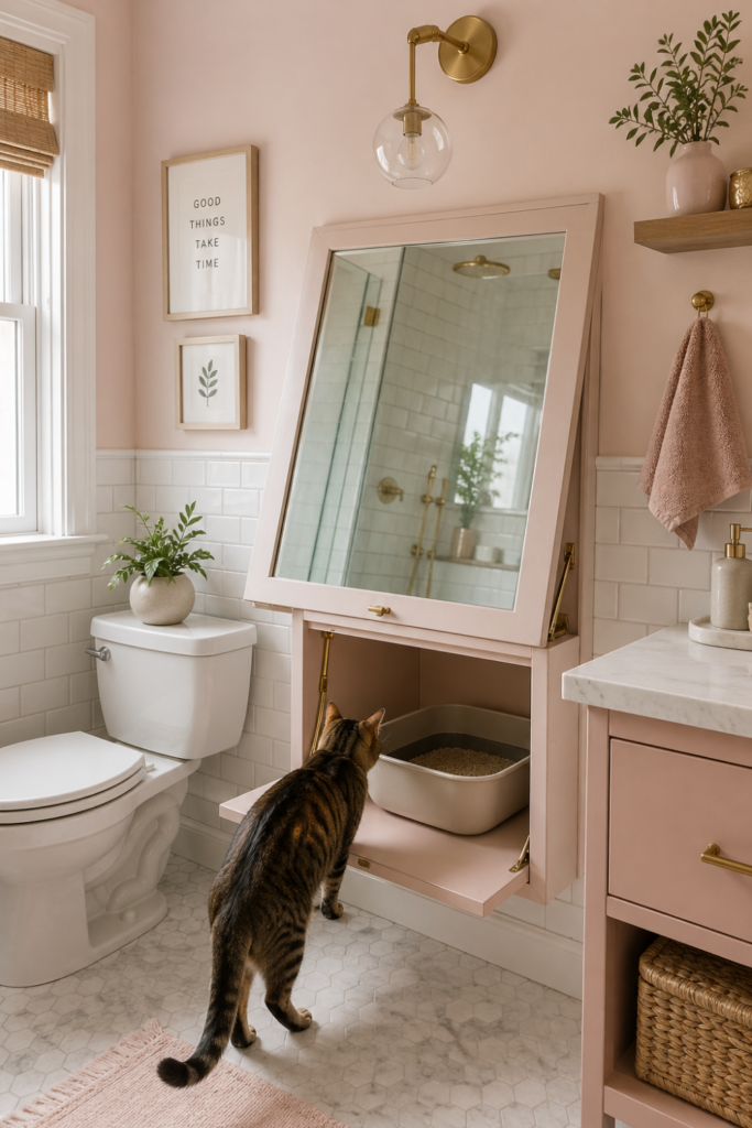 A bathroom with a fold-down litter cubby hidden behind a mirror, showing a clean litter box setup inside.
