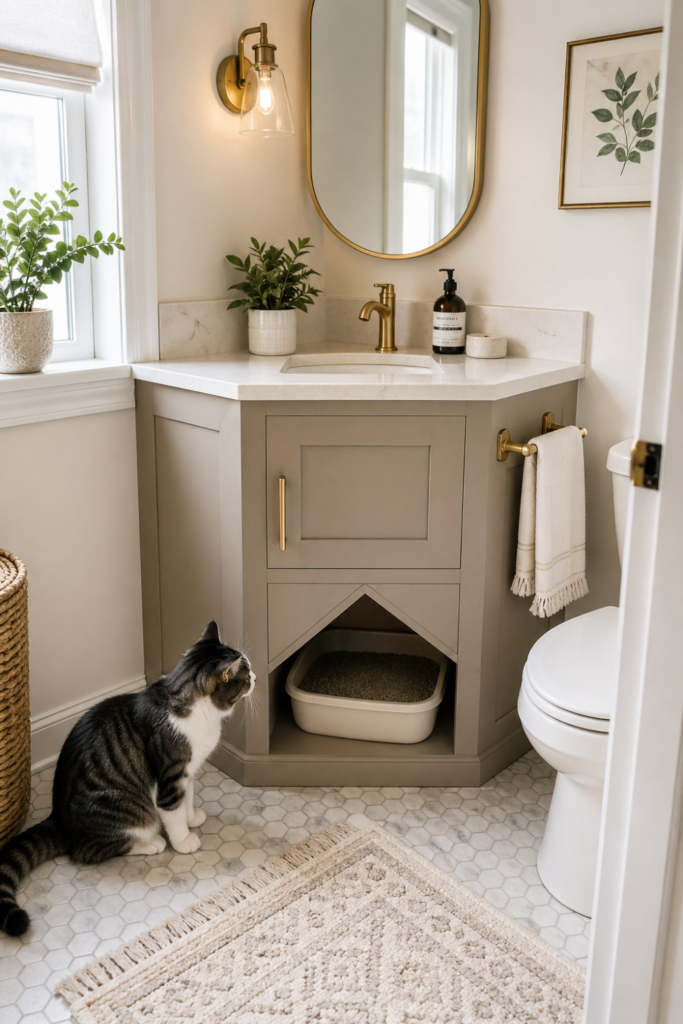 A bathroom corner vanity with a hidden triangular litter box nook underneath.