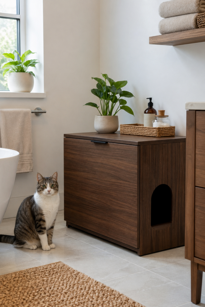 A clean bathroom corner with a sleek enclosed cat litter box, a potted plant, and bathroom accessories.