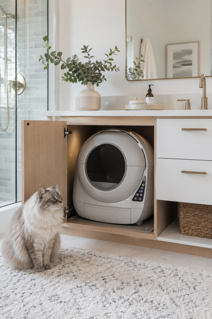 A modern bathroom with a customized vanity discreetly housing a Litter-Robot 4 litter box.