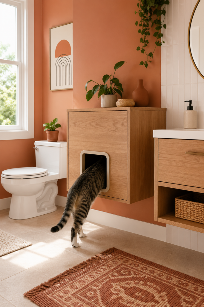 A bathroom with a wall-mounted wooden cubby that has a cat flap for a raised litter box, with a cat using the entrance.