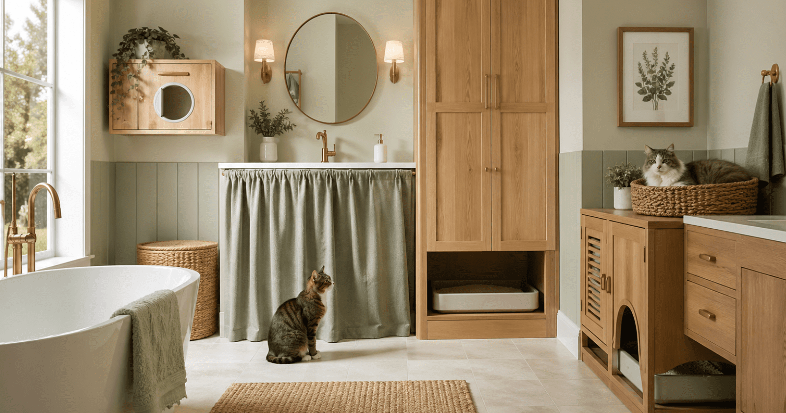 realistic home decor image of a bright stylish bathroom showing multiple smart bathroom litter box ideas blended into one cohesive space, including an under-sink hidden litter cabinet, a fabric sink skirt enclosure, a freestanding wooden litter cabinet, a modified vanity with cat access, a tall linen cabinet with a hidden lower litter shelf, and a wall-mounted cubby with cat flap, clean organized layout, soft natural light, warm neutral tones with sage green accents and light oak wood, realistic magazine-style bathroom photography, cat-friendly but elegant, one or two calm cats naturally in the scene, fresh tidy atmosphere, no people, no watermark.