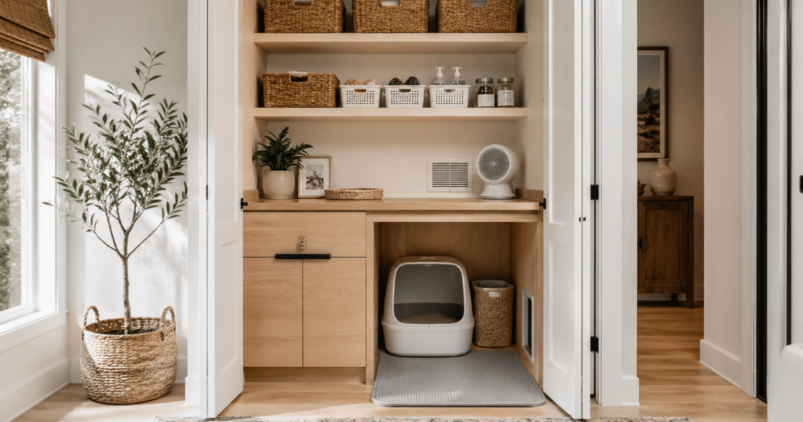 Realistic home decor photography of a bright, organized closet transformed into a stylish hidden cat litter box zone, featuring a tucked-away litter area, built-in shelves with baskets and cat supplies, a litter mat, subtle ventilation details, a small cat access opening, warm neutral tones, light oak wood, soft white shelving, clean styling, fresh and tidy atmosphere, natural daylight, magazine-quality interior photography, practical and elegant, cat-friendly home design,