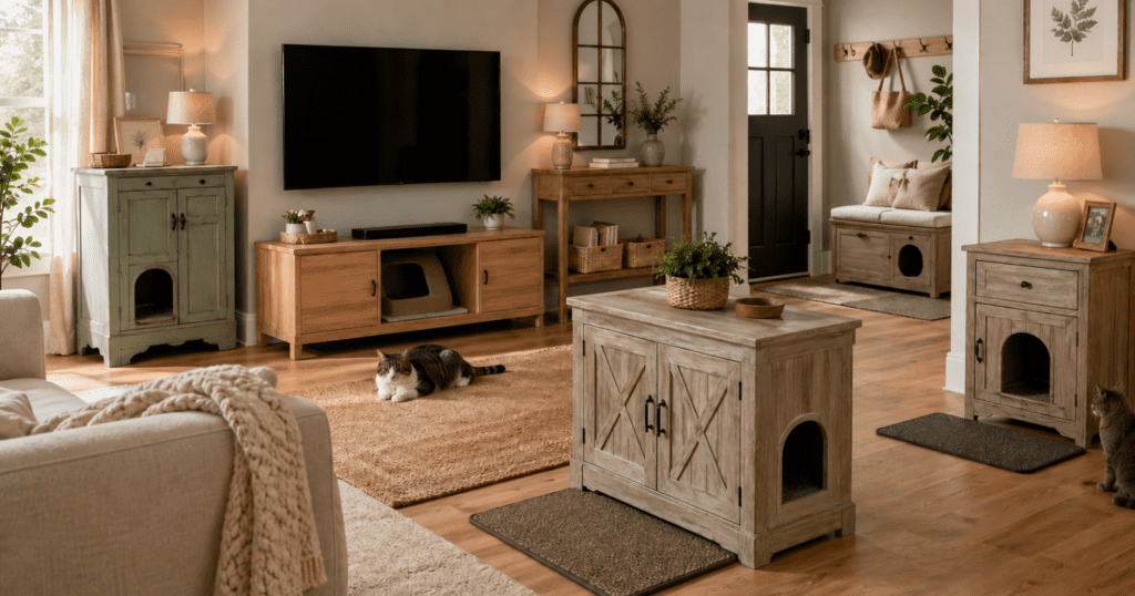 showing a stylish room featuring multiple hidden litter box cabinet ideas blended into one cohesive interior. Include a repurposed vintage cabinet, a clean modern TV cabinet conversion, an entryway bench with a hidden compartment, a side table enclosure, a barn-style cabinet, and a console table litter box setup. The room should feel bright, polished, and practical, with warm natural light, layered neutral decor, light wood tones, soft greige walls, woven baskets, a litter mat, and one or two calm cats naturally in the scene. Make it feel like a magazine-quality home design image that shows clever litter box furniture solutions without clutter.