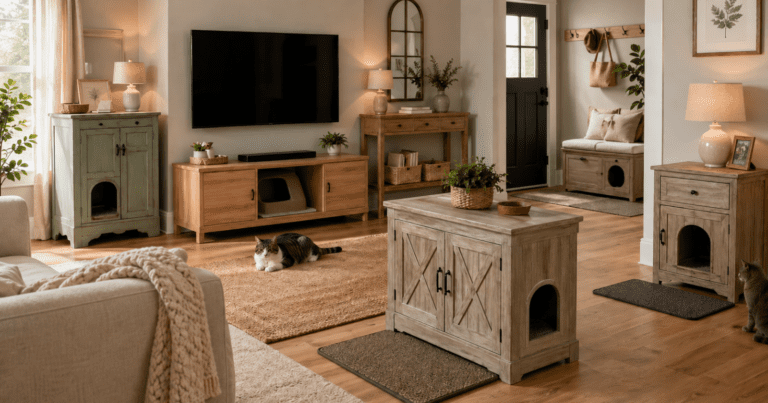 showing a stylish room featuring multiple hidden litter box cabinet ideas blended into one cohesive interior. Include a repurposed vintage cabinet, a clean modern TV cabinet conversion, an entryway bench with a hidden compartment, a side table enclosure, a barn-style cabinet, and a console table litter box setup. The room should feel bright, polished, and practical, with warm natural light, layered neutral decor, light wood tones, soft greige walls, woven baskets, a litter mat, and one or two calm cats naturally in the scene. Make it feel like a magazine-quality home design image that shows clever litter box furniture solutions without clutter.