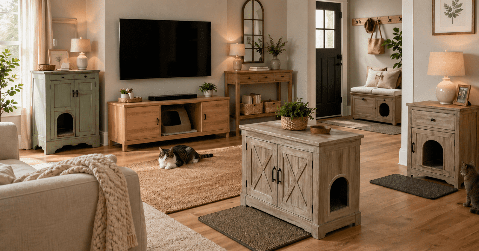 showing a stylish room featuring multiple hidden litter box cabinet ideas blended into one cohesive interior. Include a repurposed vintage cabinet, a clean modern TV cabinet conversion, an entryway bench with a hidden compartment, a side table enclosure, a barn-style cabinet, and a console table litter box setup. The room should feel bright, polished, and practical, with warm natural light, layered neutral decor, light wood tones, soft greige walls, woven baskets, a litter mat, and one or two calm cats naturally in the scene. Make it feel like a magazine-quality home design image that shows clever litter box furniture solutions without clutter.