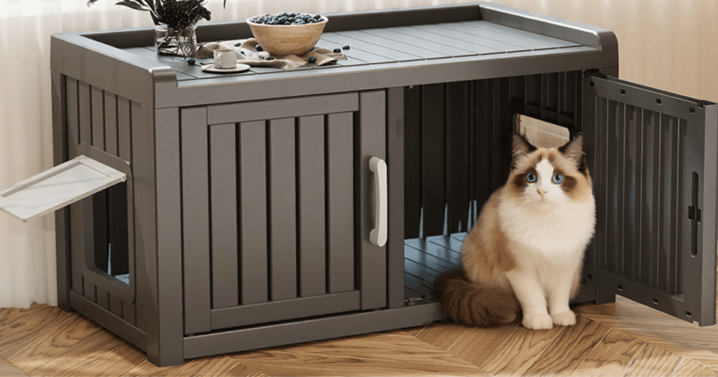 realistic home decor photograph of a bright, stylish pet-friendly home showing several smart litter box ideas to keep dogs out without stressing the cat. Include a top-entry litter box, an enclosed litter box cabinet, a baby gate with a small cat door, a wall-mounted litter box shelf, a microchip cat flap entry, and scent deterrent mats placed around one setup. Show a calm cat comfortably using or approaching the litter area while a curious dog stays outside the restricted spaces. Use warm neutral tones, soft natural light, light wood finishes, clean organized styling, subtle pet accessories, and a polished magazine-quality interior design look. No people, no clutter, no watermark.