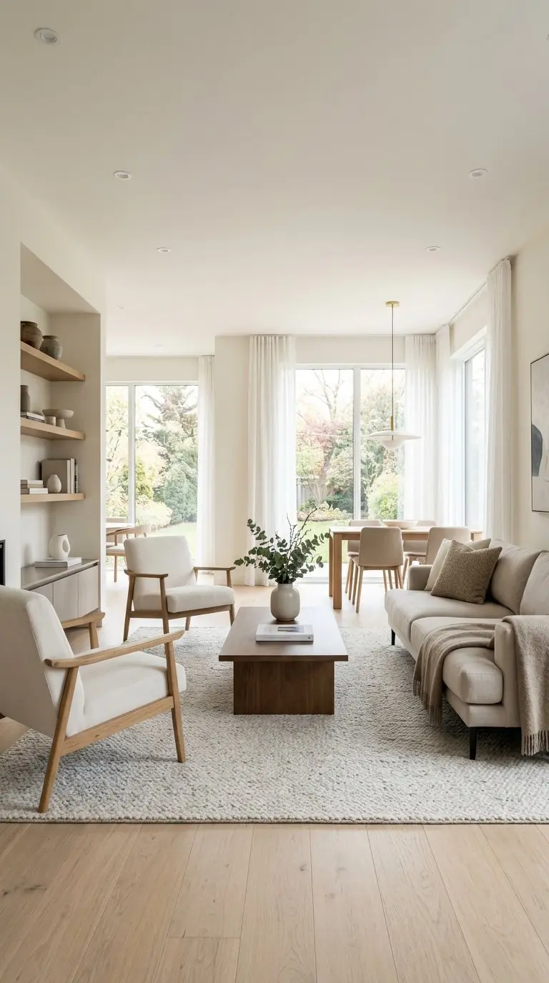 A bright, open living room with modern furniture, large windows letting in natural light, and simple decor creating a calm and spacious atmosphere.