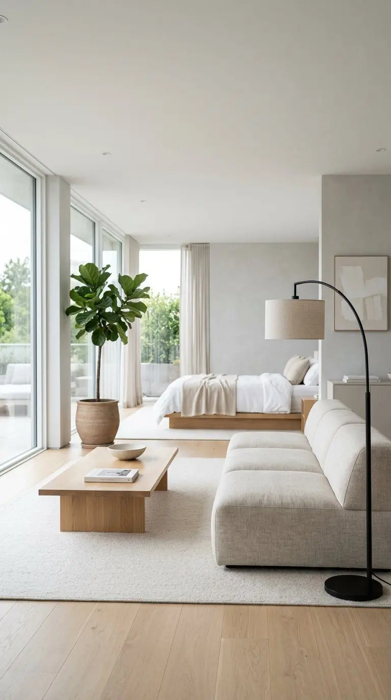 A bright living room with low furniture including a sofa, coffee table, and a bed, with large windows letting in natural light.