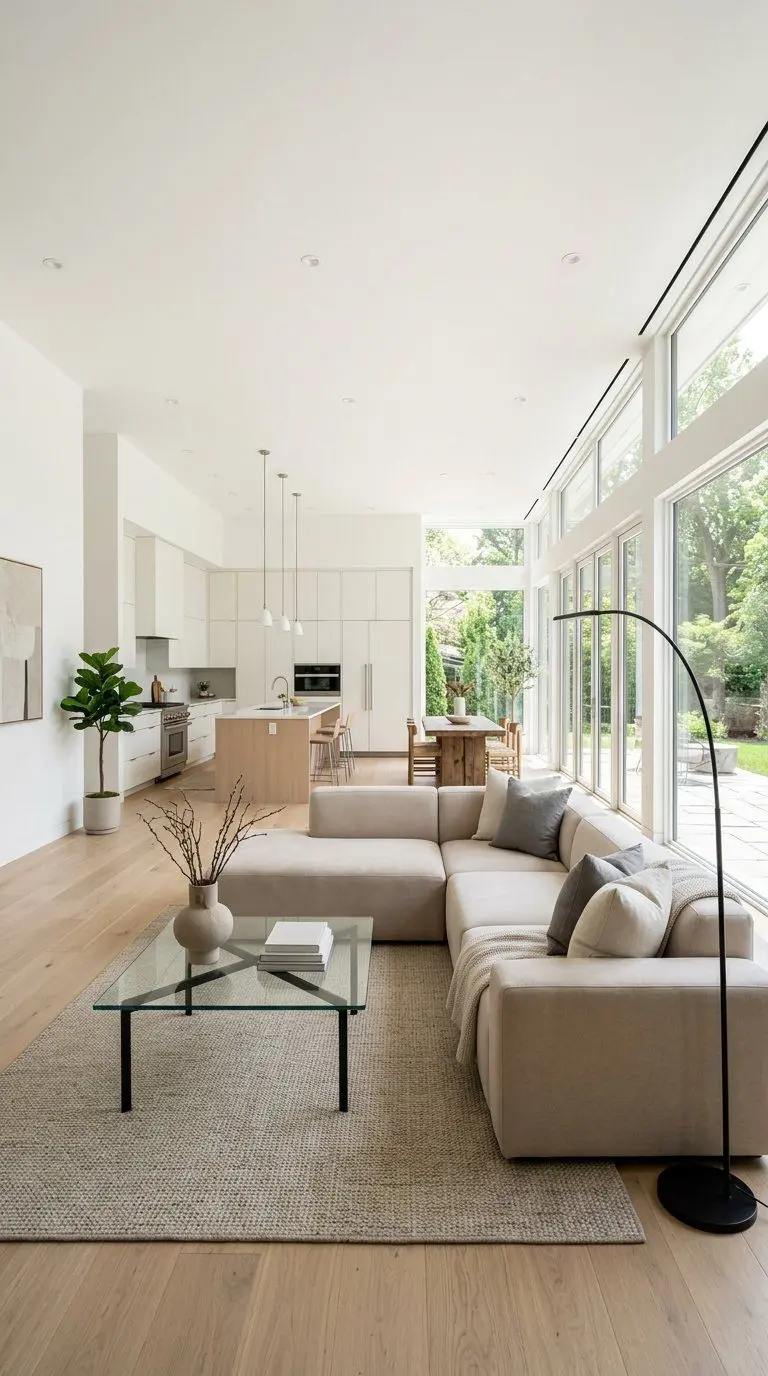 A bright open living space with a sofa, coffee table, large windows, and an open kitchen in the background.