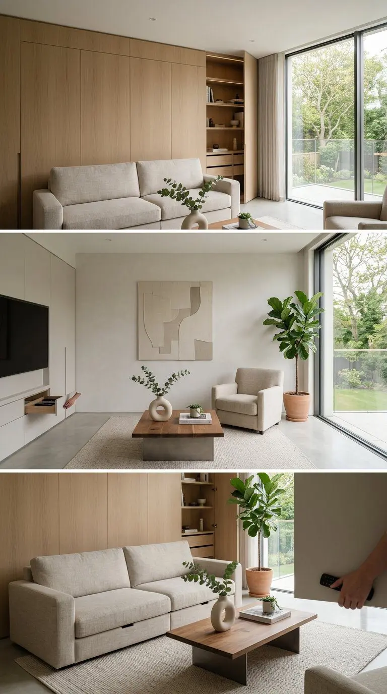 A modern living room with hidden storage built into the walls and furniture, featuring clean lines, neutral colors, and natural light.