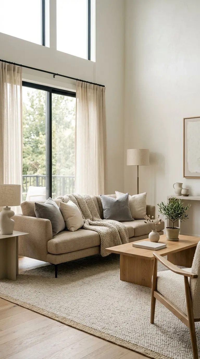 A sunlit living room with a sofa, coffee table, layered cushions, and soft textiles creating a cozy and elegant atmosphere.