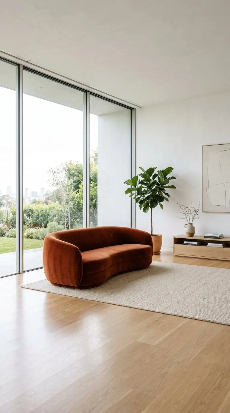 A bright and spacious living room with a single modern armchair, large windows, and minimal decor including plants and a piece of wall art.