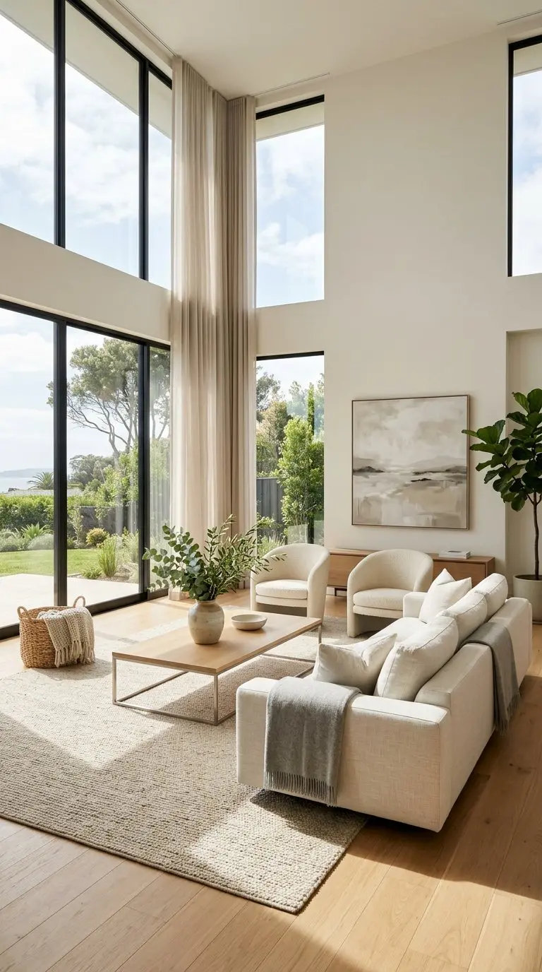 A bright living room with large windows, a sofa, coffee table, and natural light filling the space.