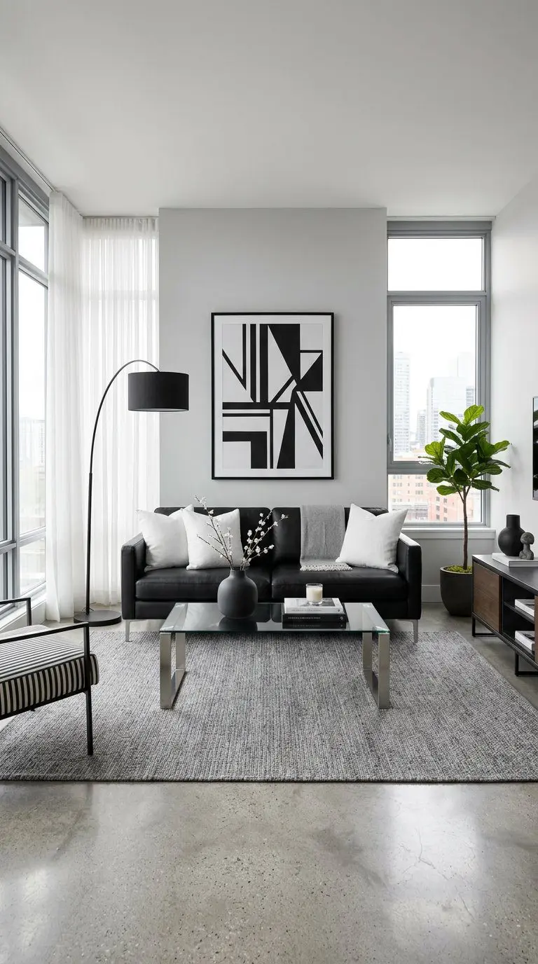 A modern living room with a black sofa, white cushions, glass coffee table, abstract wall art, and large windows letting in natural light.
