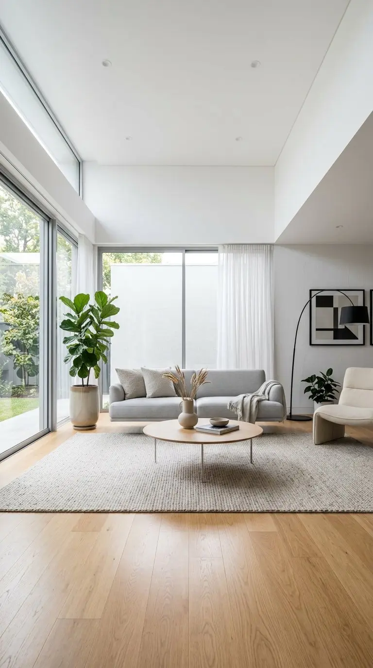 A bright living room with floating sofa and coffee table, large windows, and minimalist decor.