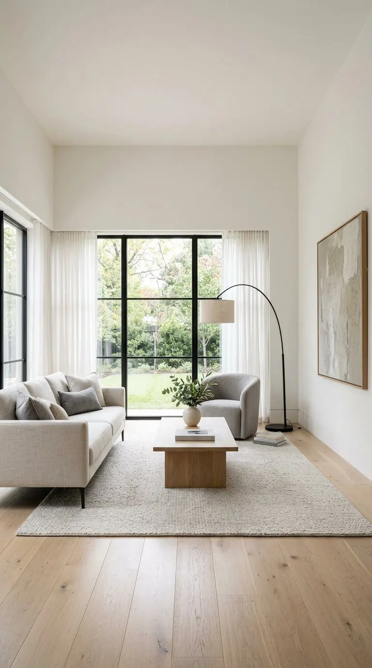 A bright living room with a sofa, coffee table, large windows, and minimal decor.
