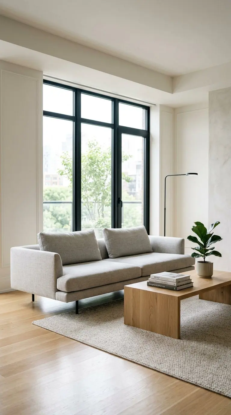 A bright living room with a sofa, coffee table, floor lamp, large windows, and a green plant.