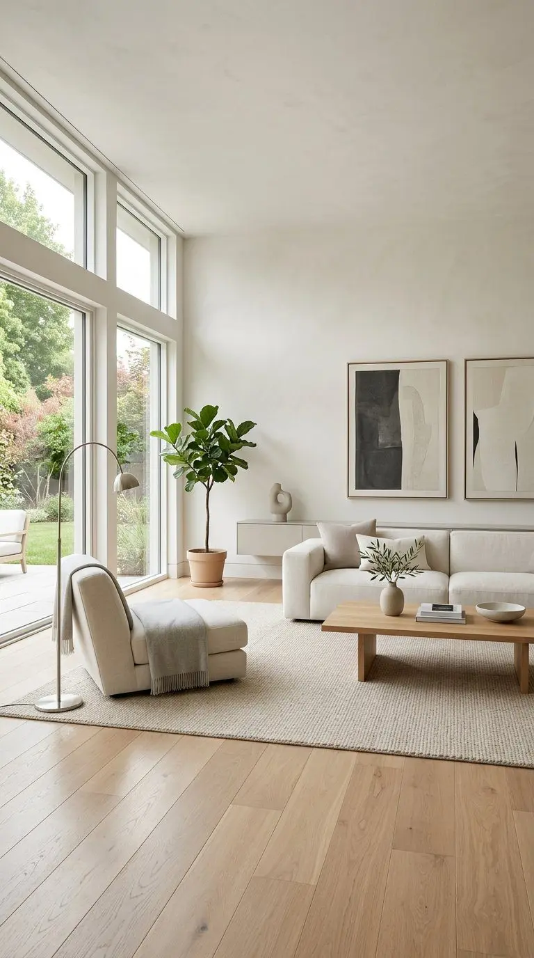 A bright and spacious living room with modern furniture, large windows, and simple decor creating a peaceful atmosphere.
